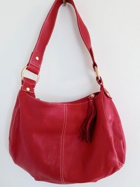 Red Leather Shoulder Bag with Tassel Accent